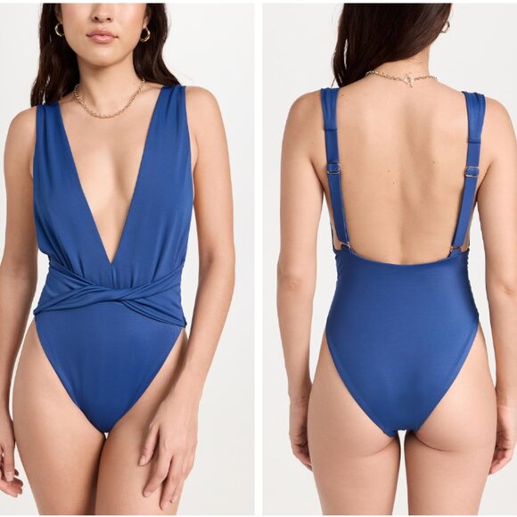 NWT {Agua Bendita} Ellis Shaka Solid One Piece Bathing Suit | Blue ~ Size Large - Picture 2 of 16